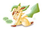 anthro big_breasts blush bodily_fluids breasts dialogue eeveelution female generation_4_pokemon hi_res jared_dillon leaf_tail leafeon lineless looking_at_viewer moan nintendo nipples pokemon pokemon_(species) pubes solo sweat tail thick_thighs