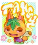  1girl animal_crossing applepums character_name checkered_background commentary commission english_commentary flower full_body furry furry_female highres holding joint_(drug) marijuana no_humans open_mouth peace_symbol smile smoke solo stoned tangy_(animal_crossing) 