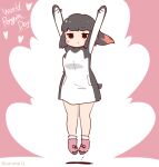  1girl adelie_penguin_(kemono_friends) arms_up black_hair boots coroha full_body gloves headphones jumping kemono_friends long_hair looking_at_viewer multicolored_hair penguin_girl penguin_tail pink_background red_hair shirt simple_background socks solo tail two-tone_hair 
