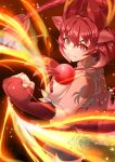  1girl absurdres animal_ears belt dragon_girl dragon_horns dragon_tail elbow_gloves extra_ears fingerless_gloves fire gloves highres horns kawanami_eito kemono_friends kemono_friends_3 long_hair looking_at_viewer necktie red_dragon_(kemono_friends) red_eyes red_hair shirt shorts simple_background sleeveless sleeveless_shirt solo tail 