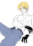  1boy blonde_hair burn_scar gloves kenith21 looking_at_viewer male_focus one_piece sabo_(one_piece) scar scar_across_eye scar_on_face smile solo topless_male 