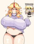  2girls belly black_panties blonde_hair breasts green_eyes hand_on_own_stomach highres horns hoshiguma_yuugi large_breasts long_hair mizuhashi_parsee multiple_girls notnoe_(dxcl) panties plump purple_sweater red_eyes red_horns single_horn steaming_body stomach sweat sweater thick_thighs thighs touhou underwear 