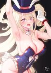  1girl animal_ears armpits azur_lane black_background blonde_hair blue_headwear blue_leotard breasts cleavage detached_collar eyes_visible_through_hair fake_animal_ears frilled_leotard frills gloves gradient_eyes guam_(azur_lane) guam_(stage-setting_charmer)_(azur_lane) hair_between_eyes heart heart_tattoo highleg highleg_leotard large_breasts leotard looking_at_viewer multicolored_eyes official_alternate_costume open_mouth playboy_bunny prophecy_(rakuichimonji) purple_eyes rabbit_ears simple_background solo star-shaped_pupils star_(symbol) strapless strapless_leotard symbol-shaped_pupils tattoo undersized_breast_cup white_gloves 