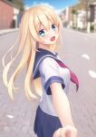  1girl absurdres blonde_hair blue_eyes blush day highres hoshimitooni long_hair looking_at_viewer looking_back neckerchief open_mouth original outdoors petals pleated_skirt pov reaching reaching_towards_viewer school_uniform serafuku skirt sky smile solo very_long_hair 