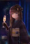  1girl alcohol blue_eyes blush bow brown_hair champagne champagne_flute cup curtains drinking_glass expressionless gloves hair_over_shoulder hat hat_bow highres holding holding_cup japanese_clothes kimono lace lace_gloves led_awaame long_hair long_sleeves looking_at_viewer night night_sky oni original sky star_(sky) starry_sky striped striped_kimono very_long_hair wide_sleeves window 