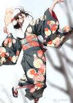  1girl black_kimono blurry blurry_background brown_eyes brown_hair commentary_request floral_print fur-trimmed_kimono fur_trim holding japanese_clothes jonsun kimono looking_up new_year obi original print_kimono sash shiori_(jonsun) short_hair socks solo tabi white_socks wide_sleeves 