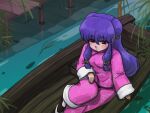  1girl blush boat breasts chinese_clothes double_bun hair_between_eyes hair_bun plant purple_hair ranma_1/2 shadow shampoo_(ranma_1/2) solo wanta_(futoshi) water watercraft 