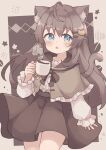  absurdres animal_ears blue_eyes brown_hair brown_skirt cat_ears cat_girl cat_hair_ornament cat_tail coffee colon_br cowboy_shot cup hair_ornament highres holding holding_cup long_hair open_mouth original skirt tail 