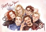  1girl 5boys arc_reactor arm_around_neck armor avengers_(series) bare_shoulders beard black_bodysuit black_shirt black_widow blonde_hair blue_bodysuit bodysuit brown_hair bruce_banner c527m captain_america clint_barton closed_eyes facial_hair glasses green_eyes hand_up happy_new_year hawkeye_(marvel) holding holding_weapon long_hair looking_at_viewer marvel marvel_cinematic_universe mjolnir_(marvel) multiple_boys natasha_romanoff open_mouth purple_shirt red_hair red_lips shirt short_hair short_sleeves simple_background sleeveless sleeveless_shirt smile star_(symbol) star_print steve_rogers superhero t-shirt teeth the_avengers_(2012) thor_(marvel) tony_stark upper_body weapon white_background 