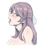 1girl blush brave_witches breasts brown_eyes brown_hair cleavage cropped_arms cropped_torso from_side hair_ribbon karibuchi_takami large_breasts liar_lawyer long_hair looking_at_viewer open_mouth ribbon sketch solo tongue tongue_out topless white_background white_ribbon world_witches_series 