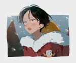  1boy black_hair coat fur_coat hat hat_on_back highres male_focus monkey_d._luffy numata_(oioioioiai) one_piece open_mouth scar scar_on_cheek scar_on_face short_hair 