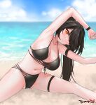  1girl ara_haan armpits arms_up artist_request beach bikini black_bikini black_hair blurry blurry_background breasts cameltoe cleavage day depth_of_field elsword eyebrows_behind_hair eyeliner highres horizon large_breasts long_hair makeup multi-strapped_bikini navel one_eye_closed orange_eyes outdoors ponytail red_eyeliner second-party_source shiny shiny_skin solo spread_legs strap_gap stretch sweat swimsuit thigh_strap wristband 