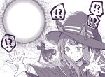  !? @_@ animal_ears boots commentary_request energy_ball gloves hair_rings hat horse_ears horse_girl magic monochrome portrait smile smoke standing sweat sweating_profusely sweep_tosho_(umamusume) taguchi_kenji_(omaep) thigh_boots thighhighs umamusume witch_hat 