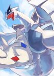  absurdres black_eyes cloud commentary_request day flying from_below gara_(qbeuxvii22) highres lugia no_humans open_mouth outdoors pokemon pokemon_(creature) sky togekiss tongue 