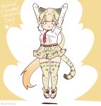  1girl animal_ears arms_up belt cat_ears cat_girl cat_tail clouded_leopard_(kemono_friends) coroha elbow_gloves extra_ears full_body gloves grey_hair jumping kemono_friends long_hair looking_at_viewer necktie shirt shoes simple_background skirt solo tail thighhighs yellow_background 
