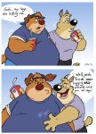 absurd_res anthro belly belly_pat beverage big_belly canid canine clothing comic comic_panel container cup dialogue duo eye_contact hat headgear headwear hi_res looking_at_another male male/male mammal motion_lines overweight overweight_anthro overweight_male raccoondrew size_difference smaller_male soft_belly sound_effects speech_bubble walking