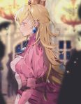  1girl blonde_hair blue_eyes blurry blurry_background breasts closed_mouth crown dress earrings jewelry lips long_hair long_sleeves making-of_available mario_(series) medium_breasts nachoz_(nachozart) pink_dress princess_peach profile puffy_long_sleeves puffy_sleeves solo 