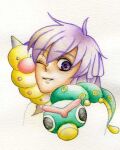  1boy bugsy_(pokemon) caterpie commentary_request eyelashes highres one_eye_closed partial_commentary pokemon pokemon_(creature) pokemon_gsc pokemon_hgss purple_eyes purple_hair smile traditional_media weedle 