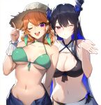  1girl 2girls ;d absurdres arm_behind_back asymmetrical_horns bare_shoulders bikini bikini_top_only bingsardina black_hair blue_hair blue_shorts breasts choker collarbone colored_inner_hair commentary demon_horns earrings english_commentary feather_earrings feathers green_bikini green_choker hand_up hat highres hololive hololive_english horns index_finger_raised jewelry long_hair looking_at_viewer medium_breasts mole mole_under_eye multicolored_hair multiple_girls navel nerissa_ravencroft no_panties no_shirt one_eye_closed open_fly orange_hair purple_eyes red_eyes shorts simple_background smile solo stomach straw_hat swimsuit takanashi_kiara takanashi_kiara_(casual) teeth two-tone_hair upper_teeth_only virtual_youtuber white_background wrist_cuffs 