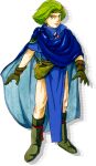 1boy artist_request blue_cape boey_(fire_emblem) boots brown_footwear brown_gloves cape circlet fire_emblem fire_emblem_gaiden full_body gloves green_hair looking_at_viewer official_art outstretched_arms short_hair smile standing 