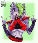 anthro armwear bracelet breasts canid canine canis claws clothing collar ear_piercing female five_nights_at_freddy&#039;s five_nights_at_freddy&#039;s:_security_breach fur green_claws green_hair hair hi_res jewelry keyboard_instrument keytar legwear mammal musical_instrument piercing purple_body purple_fur roxanne_wolf_(fnaf) scottgames solo spike_the_furry spiked_bracelet spiked_collar spikes steel_wool_studios wolf