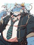 anthro beard bearwivme belly blue_body body_hair cherry_blossom cherry_blossom_tree cherry_tree chest_hair dragon eyebrows facial_hair fruit_tree hi_res horn lifewonders male mature_male musclegut necktie plant qinglong solo thick_eyebrows tokyo_afterschool_summoners tree