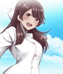  1girl blue_sky blush bow brave_witches brown_hair cloud commentary_request from_below hair_bow highres jacket karibuchi_takami liar_lawyer long_hair sidelocks sky smile solo teeth tongue uniform upper_teeth white_bow white_jacket world_witches_series 