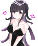 1girl alternate_costume arrow_through_heart bare_shoulders black_dress black_hair blush breasts cleavage closed_mouth collarbone danganronpa_(series) danganronpa_2:_goodbye_despair dress frown highres large_breasts long_hair miko_(deyodeyo855) mole mole_under_eye pink_eyes simple_background solo tsumiki_mikan upper_body white_background 
