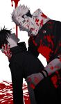 2boys arm_tattoo black_hair black_jacket black_nails blood blood_on_clothes blood_on_face blood_on_hands buttons closed_eyes commentary_request extra_eyes facial_tattoo fushiguro_megumi hand_on_another&#039;s_head hood hoodie itadori_yuuji jacket jujutsu_kaisen long_sleeves looking_at_another male_focus multiple_boys pants red_eyes ryoumen_sukuna_(jujutsu_kaisen) school_uniform short_hair smile spiked_hair spot_color tattoo torso_grab unconscious undercut wuzhiang_liufu yaoi 