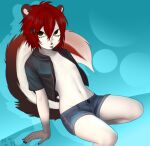 ambiguous_gender anthro bottomwear clothed clothing flat_chested gradient_background hair hoodie mammal markings mephitid nayanabo open_clothing open_hoodie open_topwear red_hair shorts simple_background skunk skunk-fox striped_markings striped_tail stripes tail tail_markings topwear