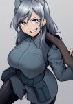  1girl animal_ear_fluff aurora_e._juutilainen blue_jacket breasts dutch_angle grey_background grey_hair gun highres jacket large_breasts leggings liar_lawyer looking_at_viewer over_shoulder pouch purple_eyes rifle sidelocks smirk solo strike_witches uniform weapon weapon_over_shoulder world_witches_series 