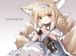  1girl absurdres animal_ear_fluff animal_ears arknights bare_shoulders black_gloves blonde_hair blue_hairband closed_mouth commentary english_text fox_ears fox_girl fox_tail gloves gradient_background green_eyes hairband highres infection_monitor_(arknights) interlocked_fingers kitsune kyuubi looking_at_viewer multiple_tails oripathy_lesion_(arknights) own_hands_together pantyhose short_hair single_glove single_wrist_cuff sitting sky_kirsche smile solo suzuran_(arknights) tail upper_body white_background wrist_cuffs 