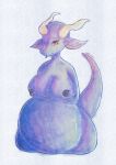 anthro areola belly big_belly big_ears blue_body breasts cute_expression dark_nipples dragon erect_nipples female glistening glistening_body half-closed_eyes hi_res horn inflation mommifoxxi narrowed_eyes navel nipples obese orange_eyes overweight overweight_female pink_body pregnant pregnant_female purple_body purple_scales reptile scales scalie sex solo solo_focus tail
