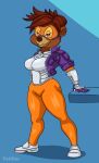2024 anthro bear big_breasts black_nose blizzard_entertainment breasts brown_hair clothed clothing cosplay crossover crossover_cosplay digital_media_(artwork) disney eyewear female glasses hair hi_res looking_at_viewer mammal mature_anthro mature_female multicolored_body overwatch rebecca_cunningham short_hair simple_background solo suit talespin tracer_(overwatch) two_tone_body vylfgor