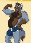 beard black_nose blush brown_eyes brown_hair bulge clamcrusher clothed clothing eyewear facial_hair flexing glasses hair hi_res hyena male mammal nipples overweight overweight_male simple_background solo topless topless_male underwear