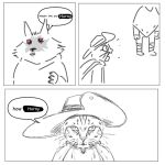 anthro boujinshi canid canine canis cape clothing comic death_(puss_in_boots) dialogue domestic_cat dreamworks duo felid feline felis hat headgear headwear how_hungry... male mammal mask meme poncho puss_in_boots_(character) puss_in_boots_(dreamworks) realistic red_eyes shocked shocked_expression simple_background speech_bubble standing style_change white_background wolf