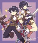  1boy 1girl :o armor black_eyes black_hair boots breastplate brother_and_sister earrings fire_emblem fire_emblem:_genealogy_of_the_holy_war gloves good_thighs_day jewelry larcei_(fire_emblem) looking_at_viewer scathach_(fire_emblem) short_hair shoulder_armor siblings sidelocks simple_background skirt smile sorakaza star_(symbol) sword twins weapon 