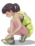  1girl bare_shoulders black_eyes brown_hair commentary_request full_body green_footwear green_shirt green_shorts hair_intakes highres original panties pantyshot ponytail shirt shoelaces shoes short_hair shorts simple_background solo squatting sumiyama track_uniform underwear white_background 