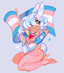  1boy animal_ears blue_eyes commentary constellor flag gloves high_heels highres holding holding_flag karo_valentine male_focus original pants pink_pants purple_hair rabbit_boy rabbit_ears rabbit_tail shoulder_pads sitting solo tail thick_eyebrows transgender_flag wariza white_gloves 