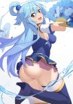  1girl absurdres aqua_(konosuba) ass blue_eyes blue_footwear blue_hair blue_shirt blue_skirt blush boots breasts commentary_request detached_sleeves from_side hair_between_eyes hair_ornament hand_fan high_heel_boots high_heels highres holding holding_fan kono_subarashii_sekai_ni_shukufuku_wo! long_hair looking_at_viewer medium_breasts miniskirt no_panties open_mouth outstretched_arms shirt shoe_soles simple_background single_hair_ring skirt sleeveless sleeveless_shirt smile solo spread_arms standing standing_on_one_leg thigh_boots thighhighs thighhighs_under_boots turning_head underbutt very_long_hair water white_background white_sleeves white_thighhighs xubai 