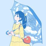  1girl absurdres bag black_hair blue_background blue_eyes blush cloud collared_dress dress hair_ribbon highres holding holding_umbrella long_hair long_sleeves original ponytail red_nails ribbon shoulder_bag simple_background solo umbrella watch wristwatch yellow_dress yellow_ribbon yoshimon 