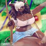 anthro big_breasts bottomwear bovid bovine breasts cattle clothing facial_piercing female hi_res horn lostwisdom mammal nose_piercing nose_ring piercing ring_piercing shorts simple_background solo swing