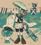  1boy absurdres aqua_hair aqua_socks beret black_shorts brown_footwear commentary_request flag full_body hat highres holding holding_weapon jellyfish_(splatoon) looking_to_the_side medium_hair octoling octoling_boy p0m4_p0m4 paint sailor_collar sailor_shirt shirt shoes shorts socks splat_brella_(splatoon) splatoon_(series) splatoon_3 standing tentacle_hair translation_request weapon white_background yellow_eyes 