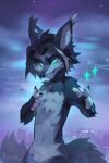 2024 anthro black_body black_fur canid canine chest_tuft city cloud detailed_background digital_media_(artwork) front_view fur grey_body grey_fur hi_res looking_at_viewer male mammal outside reysi signature sky solo tuft