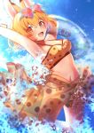  1girl animal_ears beach bikini blonde_hair blue_sky blush cat_ears cat_girl extra_ears highres japari_symbol kemono_friends kemono_friends_3 looking_at_viewer mitorizu_02 navel outdoors sarong serval_(kemono_friends) serval_print short_hair sky solo sunglasses swim_ring swimsuit yellow_eyes 