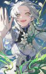  1girl breasts comiket comiket_103 crying flower green_eyes happy_tears highres holding_hands long_hair looking_at_viewer open_mouth original petals pov solo soono_(rlagpfl) tears white_hair 