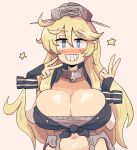  1girl belly blonde_hair blue_eyes blush breasts cleavage collar elbow_gloves fingerless_gloves gloves hair_between_eyes headgear highres iowa_(kancolle) kantai_collection large_breasts long_hair looking_at_viewer metal_collar midriff navel notnoe_(dxcl) open_mouth skirt smile solo star-shaped_pupils star_(symbol) stomach striped symbol-shaped_pupils 