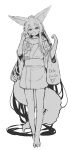  1girl absurdly_long_hair animal_ear_fluff animal_ears bag barefoot commentary_request fang food fox_ears fox_girl fox_tail full_body greyscale hair_between_eyes hand_up hands_up highres holding holding_food japanese_clothes kimono long_hair long_sleeves monochrome open_mouth original plastic_bag ponytail simple_background solo standing tail very_long_hair white_background wide_sleeves yuuji_(yukimimi) 