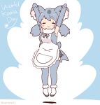  1girl animal_ears apron arms_up blue_background blue_hair bow bowtie coroha elbow_gloves extra_ears full_body gloves jumping kemono_friends koala_(kemono_friends) koala_ears koala_girl long_hair looking_at_viewer shirt shoes shorts simple_background sleeveless sleeveless_shirt solo thighhighs twintails 