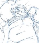 anthro armpit_hair bed belly blush body_hair bottomless bracelet clothed clothing clothing_lift furniture gouryou hi_res jewelry lifewonders lying male mammal musclegut navel nipples nunutaro3 on_back pecs shirt shirt_lift sketch smile solo suid suina sus_(pig) tank_top tokyo_afterschool_summoners topwear tusks wild_boar